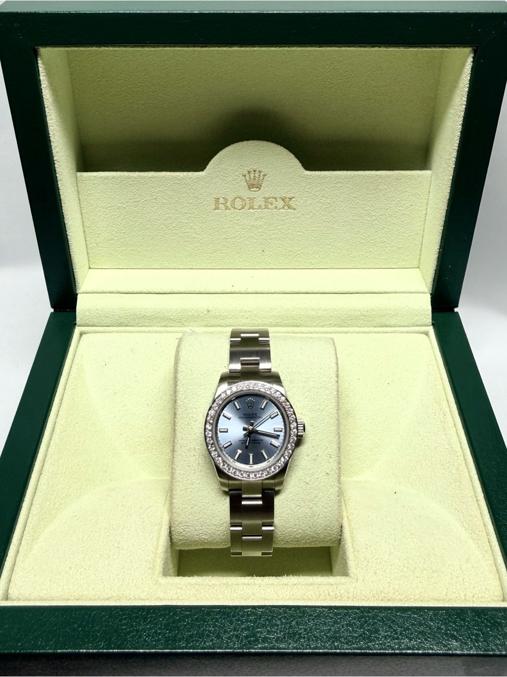 ROLEX Oyster Perpetual Automatic 26mm Steel Diamond Bezel Watch Blue Dial
